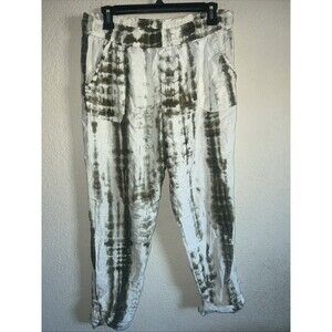 Rewash Green White Tie Dye Linen Pants XL Boho Hippie Stretchy Roll Tab  Bottom